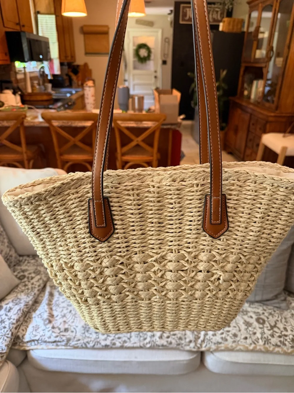 Woven Straw Tote Bag with Brown Leather Handles - Picture 1 of 4